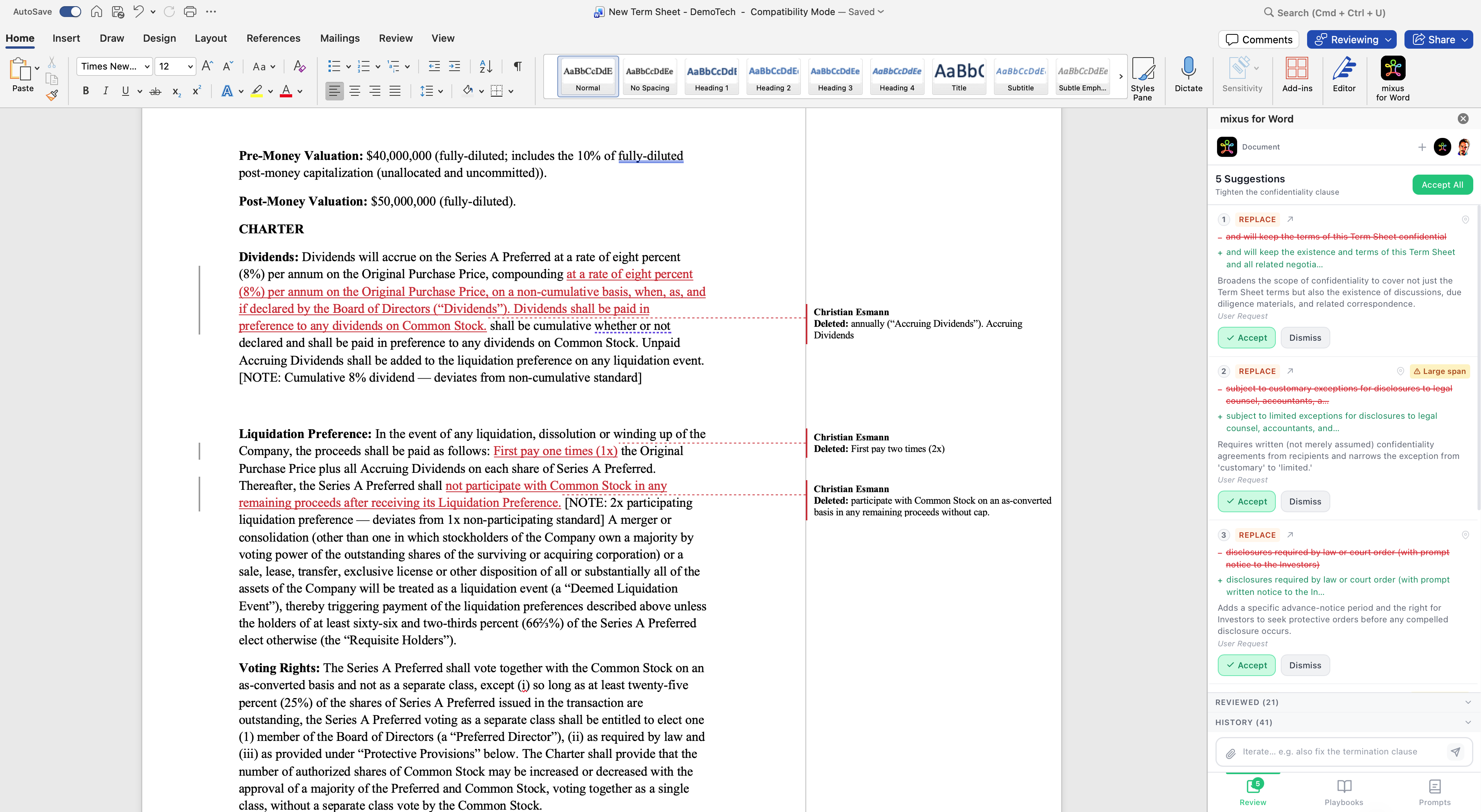 mixus Word add-in showing redline suggestions tied to playbook rules, with Accept and Dismiss buttons in Word Track Changes
